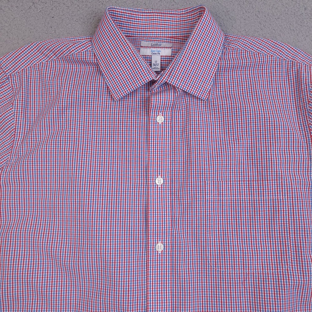 Croft & Barrow Mens Dress Shirt 17 36/37 XL Red Blue Plaid Easy Care Classic Fit